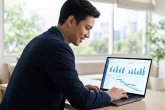 Un homme souriant consulte un tableau de bord financier sur son ordinateur portable, illustrant les services en ligne du Crédit Agricole.