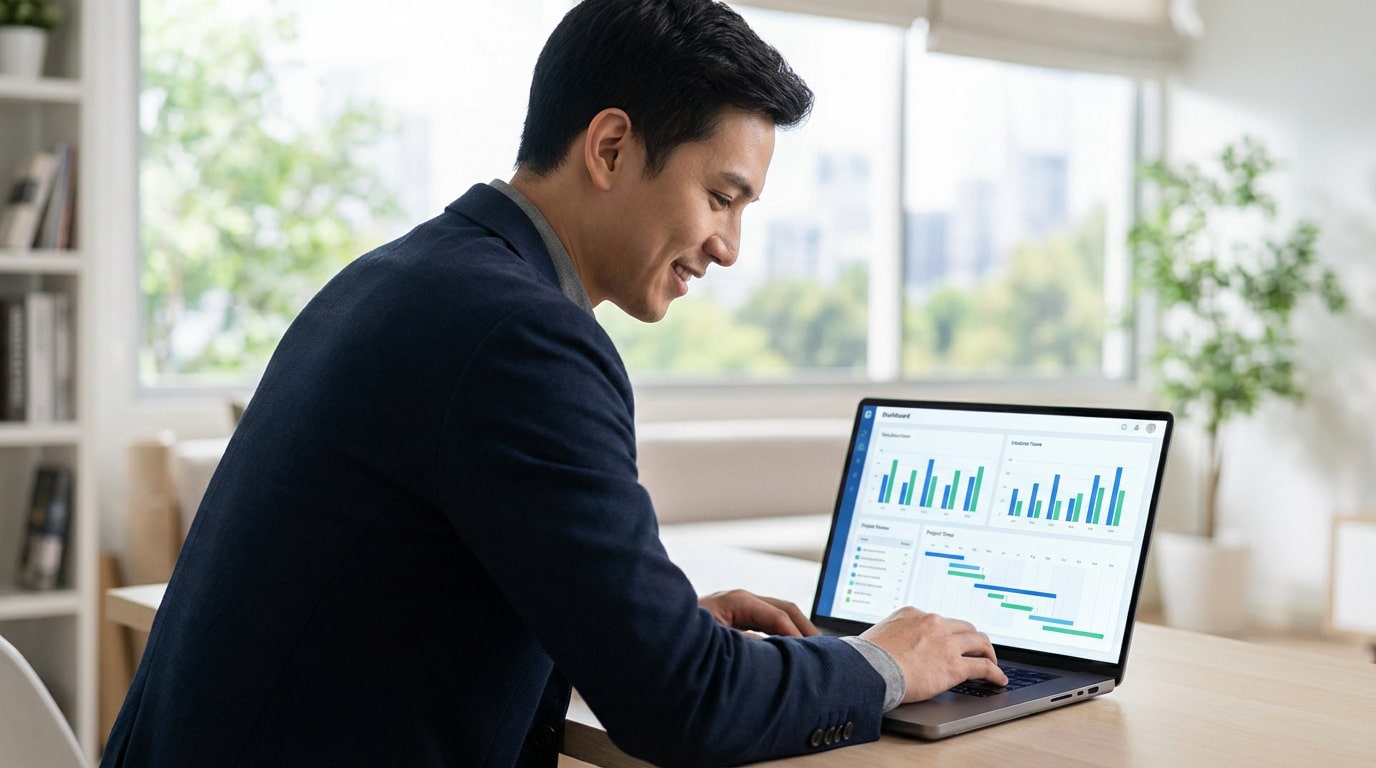Un homme souriant consulte un tableau de bord financier sur son ordinateur portable, illustrant les services en ligne du Crédit Agricole.