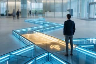 Un homme en costume fait face à un parcours lumineux complexe, une section dorée avec une flèche pointe vers l'avant dans un bureau moderne.
