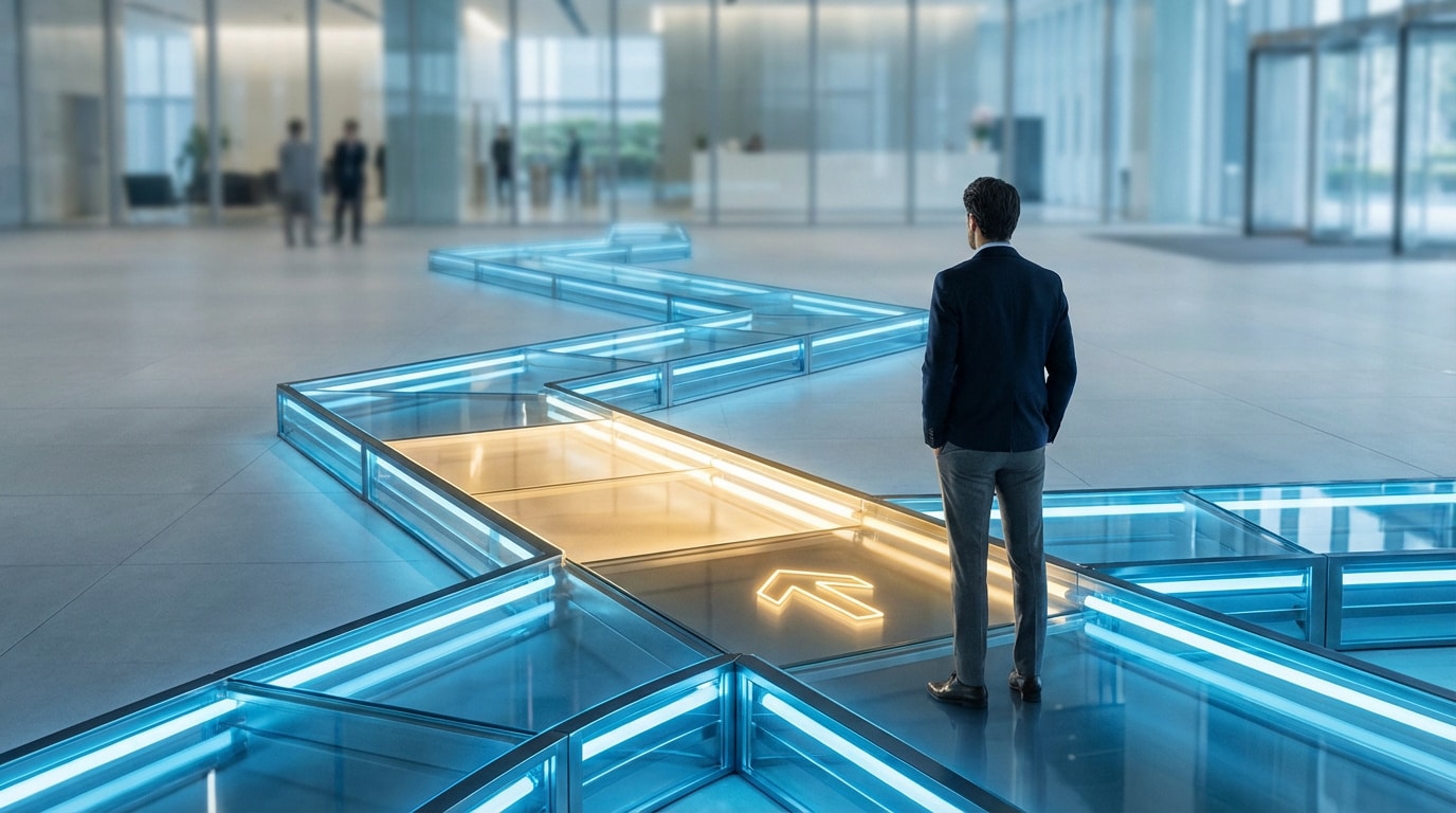 Un homme en costume fait face à un parcours lumineux complexe, une section dorée avec une flèche pointe vers l'avant dans un bureau moderne.
