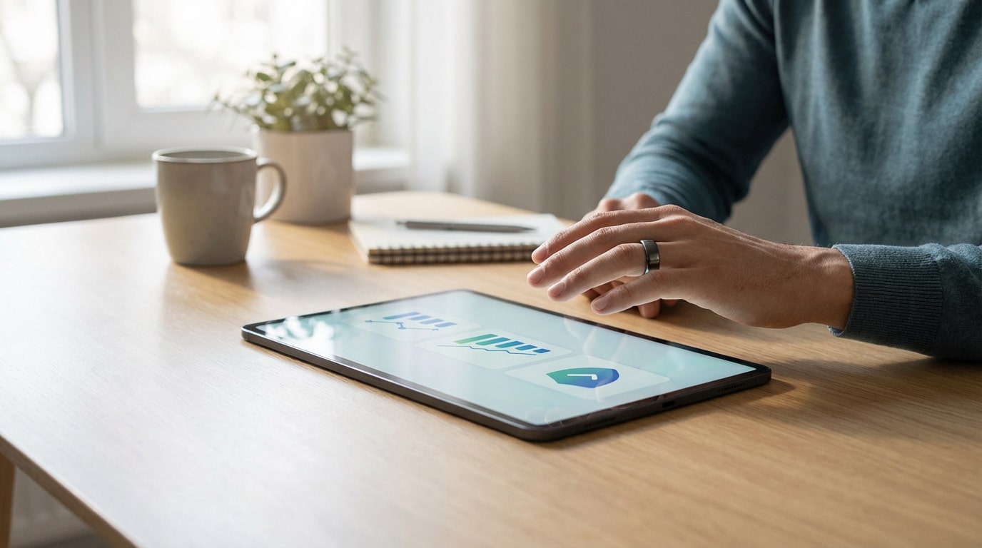 Main d'homme avec bague connectée tapant sur une tablette affichant graphiques et icône de sécurité sur un bureau.