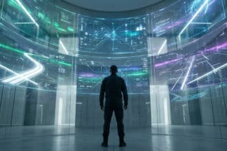 Un homme de dos face à un mur d'écrans transparents courbés affichant des données lumineuses et des diagrammes futuristes.
