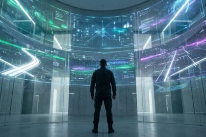 Un homme de dos face à un mur d'écrans transparents courbés affichant des données lumineuses et des diagrammes futuristes.