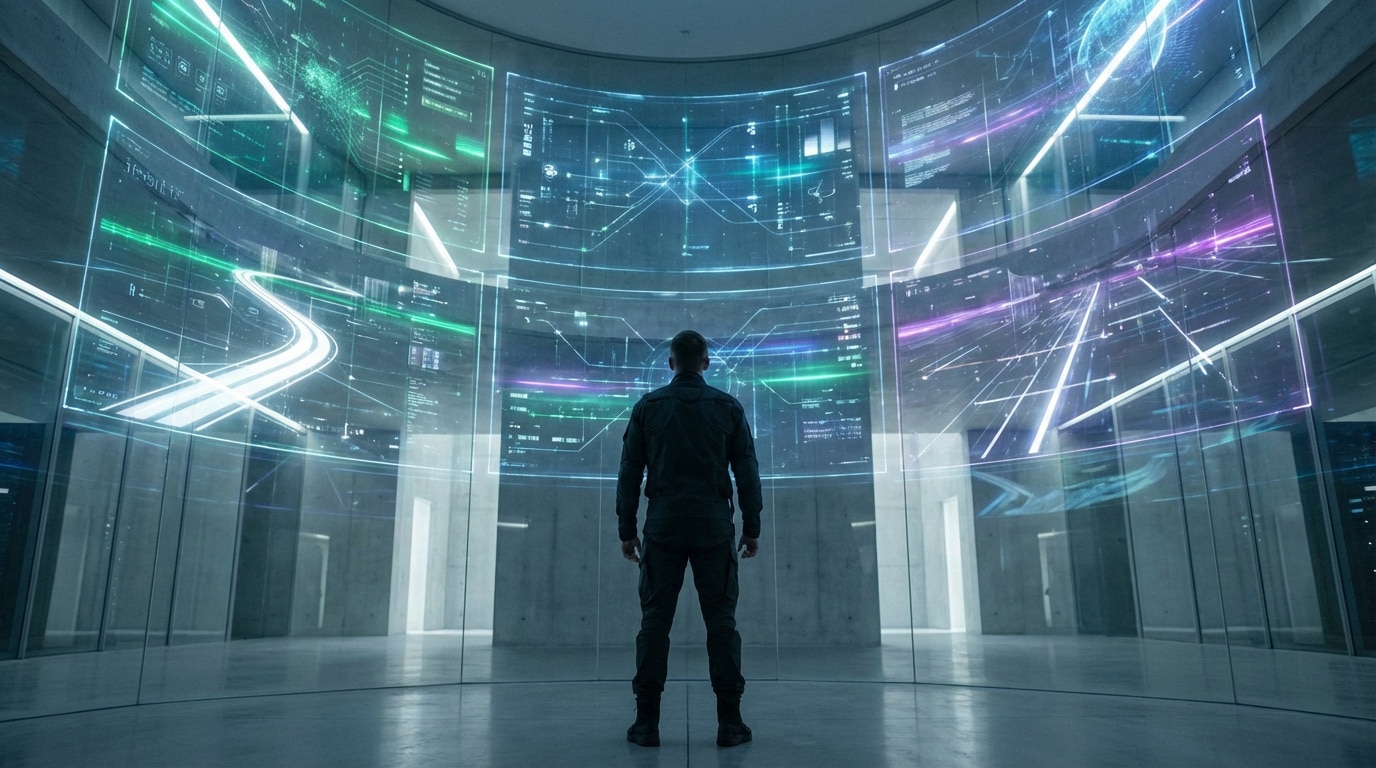 Un homme de dos face à un mur d'écrans transparents courbés affichant des données lumineuses et des diagrammes futuristes.