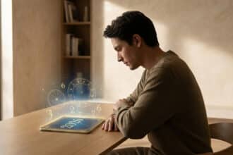 Homme concentré face à une tablette affichant des hologrammes de numérologie et d'astrologie (2026, signes du zodiaque).