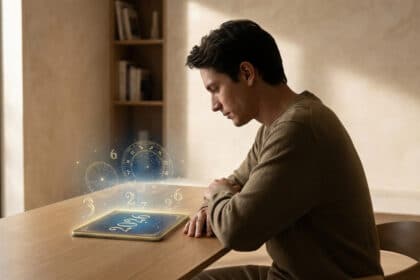 Homme concentré face à une tablette affichant des hologrammes de numérologie et d'astrologie (2026, signes du zodiaque).