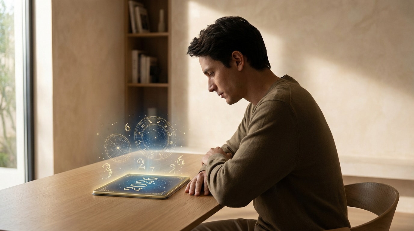Homme concentré face à une tablette affichant des hologrammes de numérologie et d'astrologie (2026, signes du zodiaque).