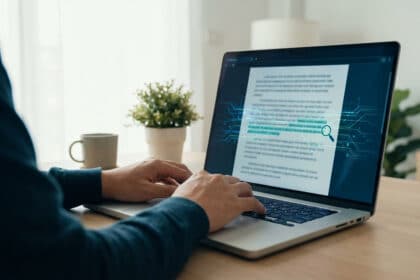 Personne utilisant un correcteur orthographique en ligne sur un laptop, des erreurs soulignées et une loupe sont visibles à l'écran.