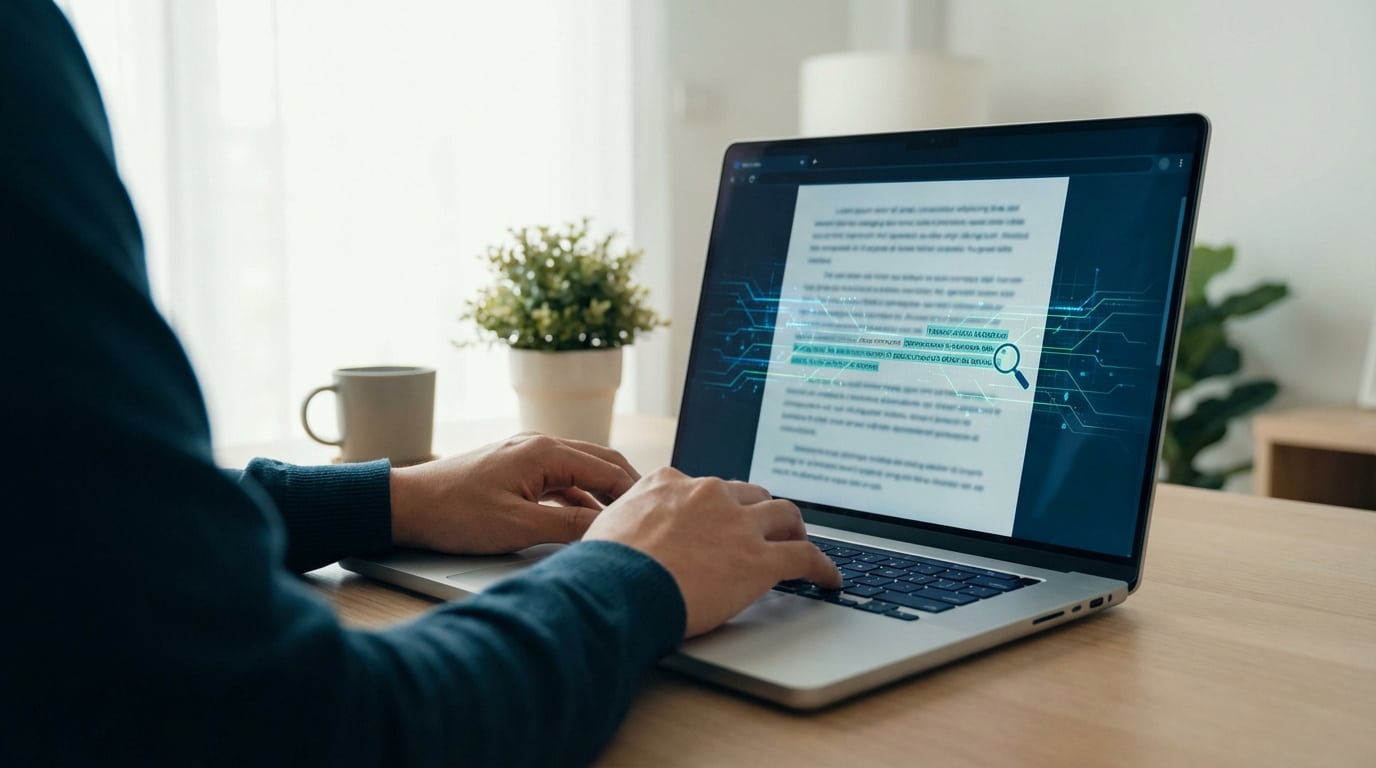 Personne utilisant un correcteur orthographique en ligne sur un laptop, des erreurs soulignées et une loupe sont visibles à l'écran.