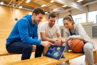 Trois amis analysent des statistiques de basket sur une tablette dans un gymnase. Un homme pointe l'écran, une femme tient un ballon.