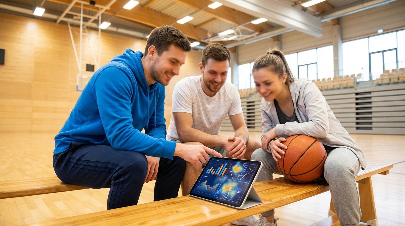 Trois amis analysent des statistiques de basket sur une tablette dans un gymnase. Un homme pointe l'écran, une femme tient un ballon.