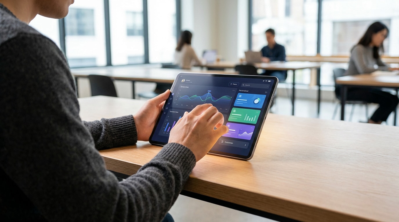 Gros plan sur une personne utilisant une tablette avec un tableau de bord de données et des options de personnalisation dans un bureau moderne.