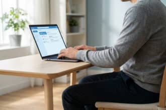 Un homme tape sur un ordinateur portable affichant une interface de messagerie. Il est assis à une table en bois dans une pièce lumineuse.