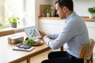 Homme calculant ses frais de repas sur tablette avec graphique financier, une calculatrice et un repas à table, cuisine lumineuse.