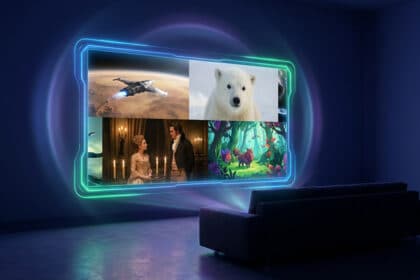 Projection murale immersive Obivap : 4 écrans affichant SF, ours polaire, drame historique et dessin animé dans une pièce sombre avec canapé.
