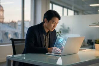 Homme travaillant sur un ordinateur portable à interface holographique, avec vue sur les toits de Paris et une horloge. Ambiance futuriste.