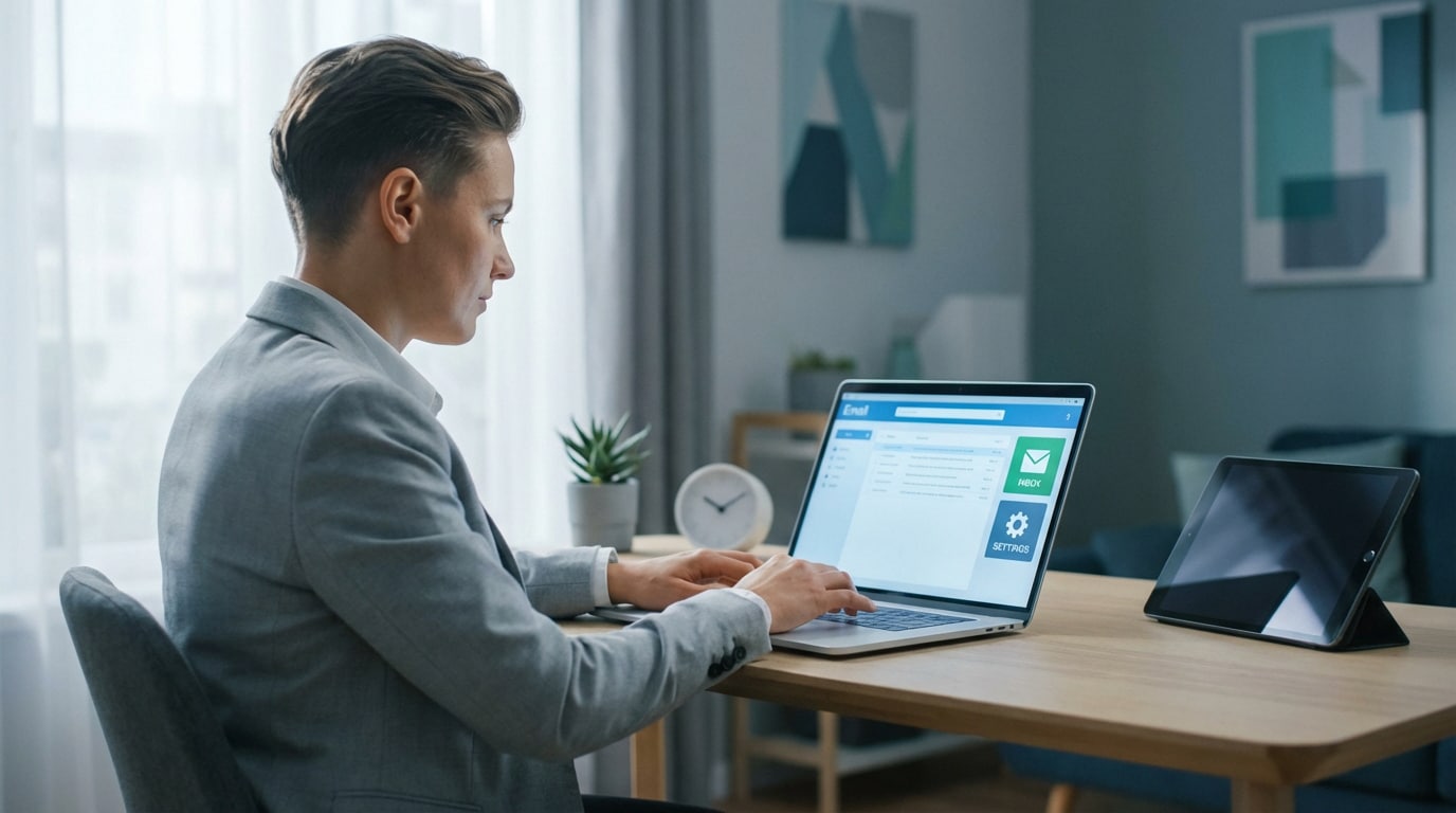 Une personne tape sur un ordinateur portable affichant une interface de messagerie professionnelle Ionos, avec une tablette à côté, dans un bureau moderne.