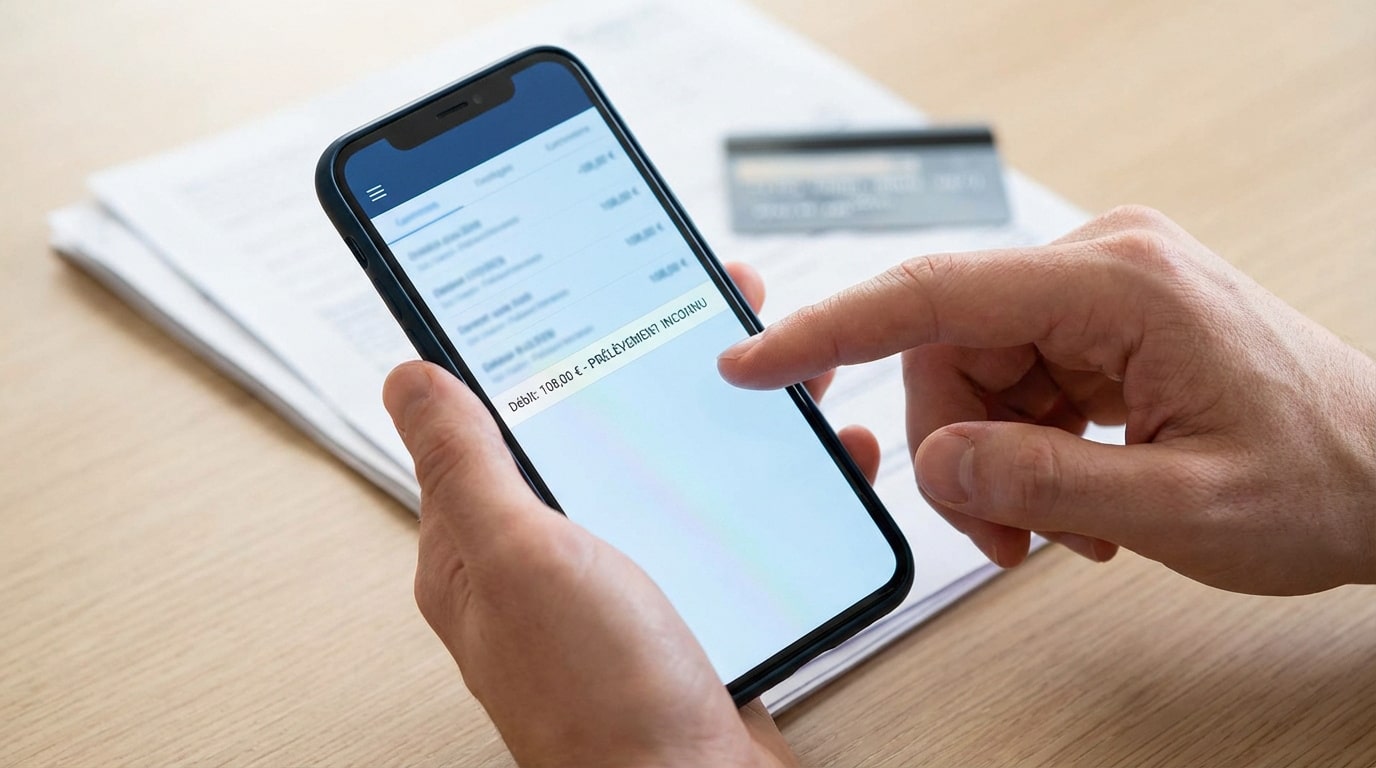 Main d'une personne touchant un écran de smartphone affichant un prélèvement inconnu de 108€ dans une app bancaire.