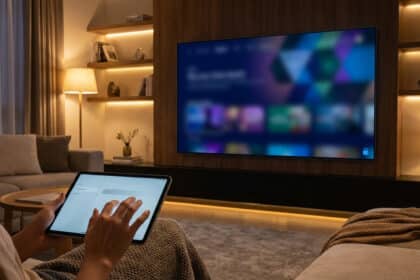 Personne utilisant une tablette dans un salon moderne et chaleureux. Un grand téléviseur mural diffuse du contenu flou.