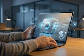 Personne utilisant un ordinateur portable affichant un coffre-fort numérique sécurisé avec des documents RH et la certification ISO 27001.