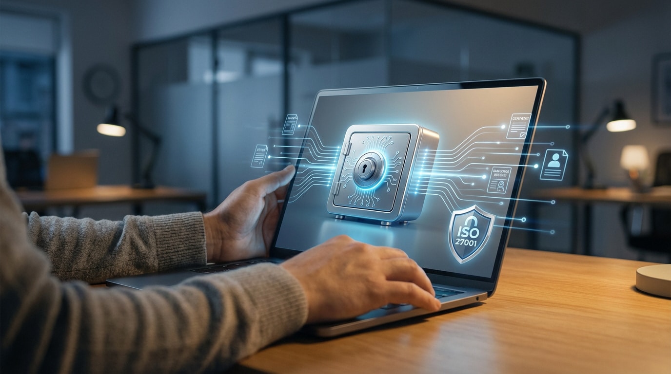 Personne utilisant un ordinateur portable affichant un coffre-fort numérique sécurisé avec des documents RH et la certification ISO 27001.