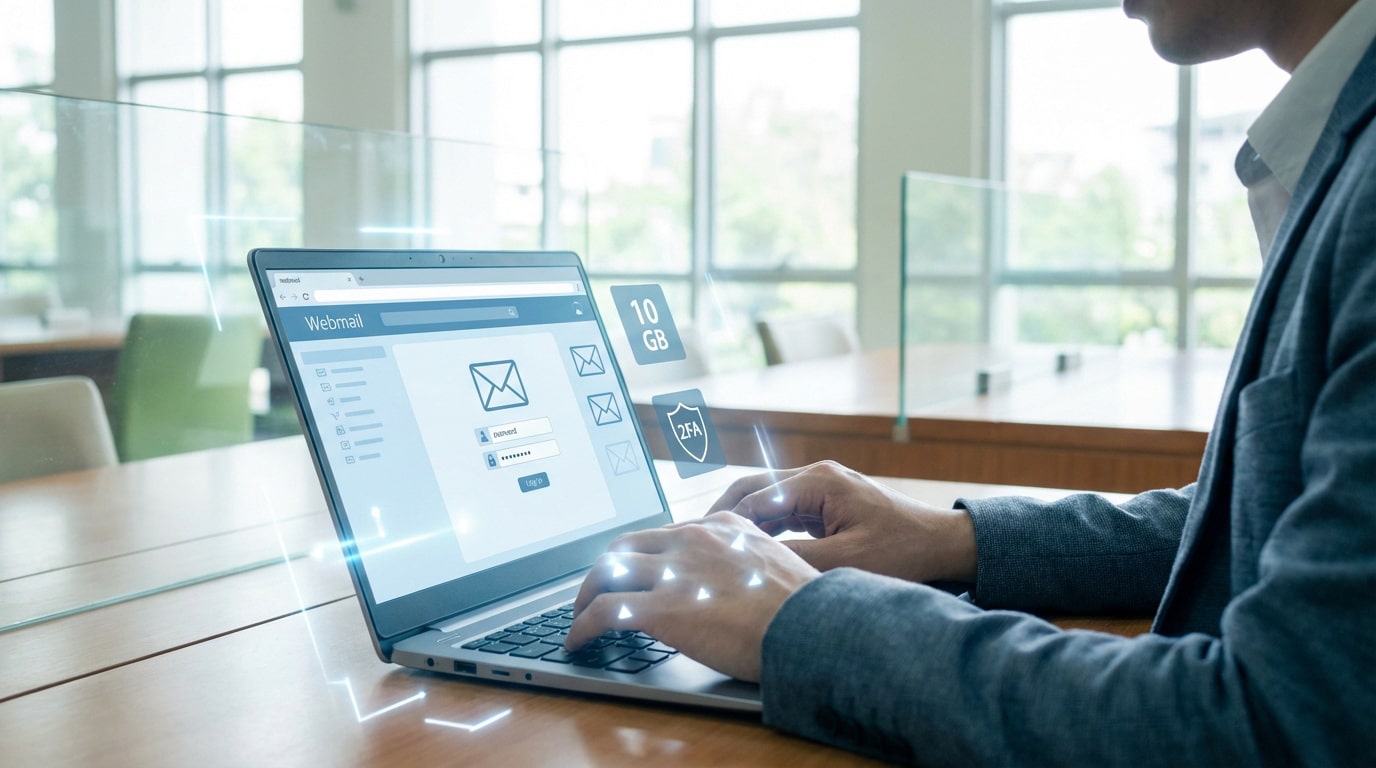 Homme tapant sur un PC portable affichant une page de connexion Webmail. Icônes 2FA et 10GB suggèrent sécurité et stockage moderne.