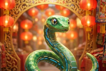 Serpent vert stylisé aux motifs lumineux bleus et dorés, dans un décor de lanternes rouges et d'ornements du Nouvel An Chinois.