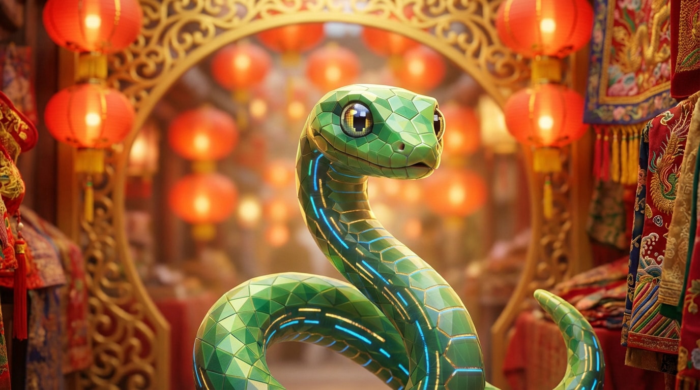 Serpent vert stylisé aux motifs lumineux bleus et dorés, dans un décor de lanternes rouges et d'ornements du Nouvel An Chinois.