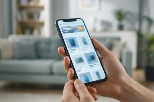 Main tenant un smartphone affichant une application de shopping en ligne avec des produits et réductions, fond de salon flou.