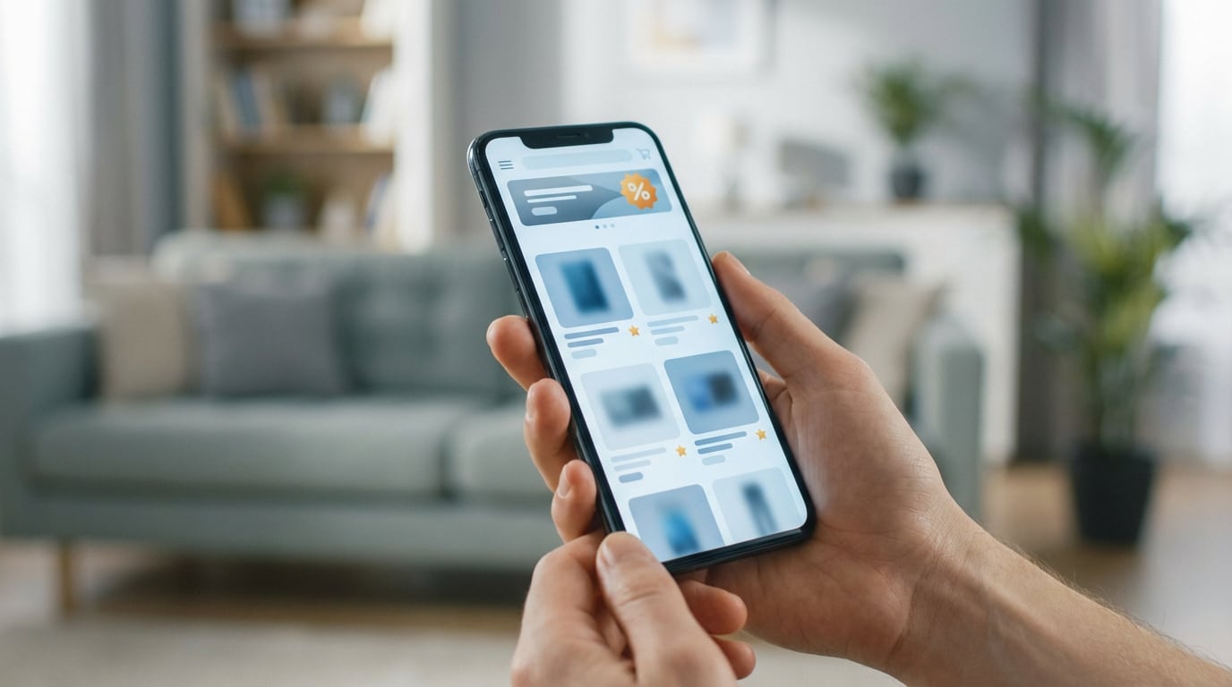 Main tenant un smartphone affichant une application de shopping en ligne avec des produits et réductions, fond de salon flou.