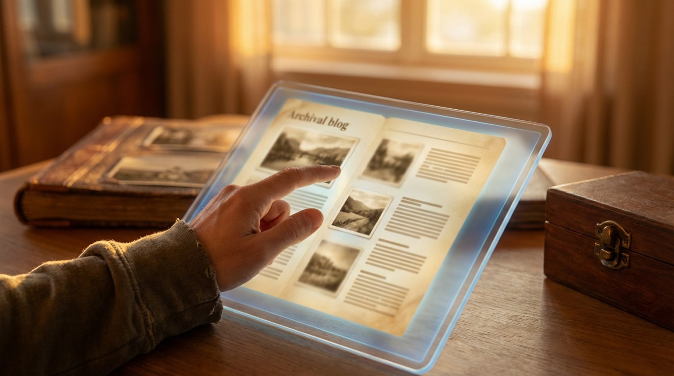 Main touchant une tablette transparente affichant un blog archivé avec photos vintage. Un album photo et une boîte en bois sont en arrière-plan.