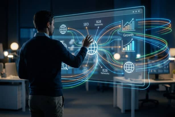 Homme interagissant avec un écran holographique affichant des stratégies marketing digitales (SEO, B2B, croissance) dans un bureau.