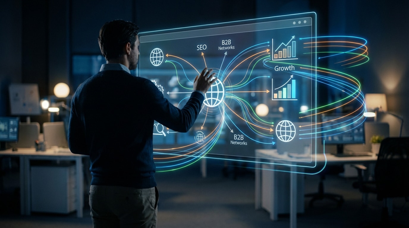 Homme interagissant avec un écran holographique affichant des stratégies marketing digitales (SEO, B2B, croissance) dans un bureau.