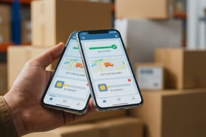 Main tenant deux smartphones. L'écran affiche le suivi de colis : "Livré" et "En transit". Arrière-plan flou d'entrepôt.