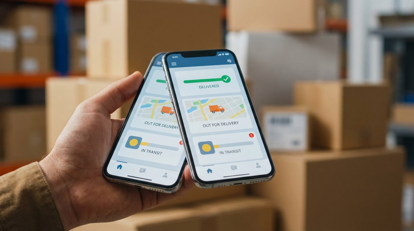 Main tenant deux smartphones. L'écran affiche le suivi de colis : "Livré" et "En transit". Arrière-plan flou d'entrepôt.