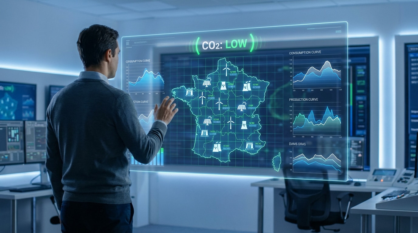 Homme interagissant avec un écran holographique affichant une carte de France avec des données de production et consommation électrique, dont le niveau de CO2.