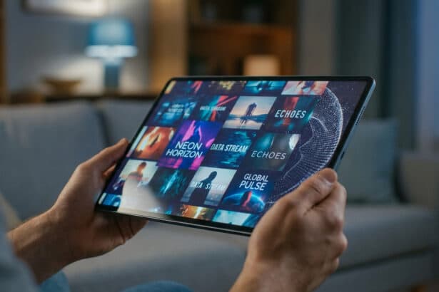 Deux mains tiennent une tablette affichant une grille de vignettes de contenu numérique pour un service de streaming, dans un salon.