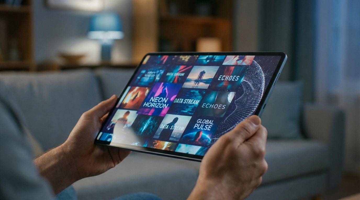 Deux mains tiennent une tablette affichant une grille de vignettes de contenu numérique pour un service de streaming, dans un salon.