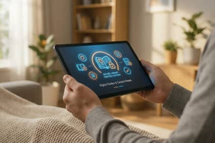 Personne tenant une tablette avec interface "Bibliothèque sécurisée" et "Contenu vérifié", icônes de livres numériques.