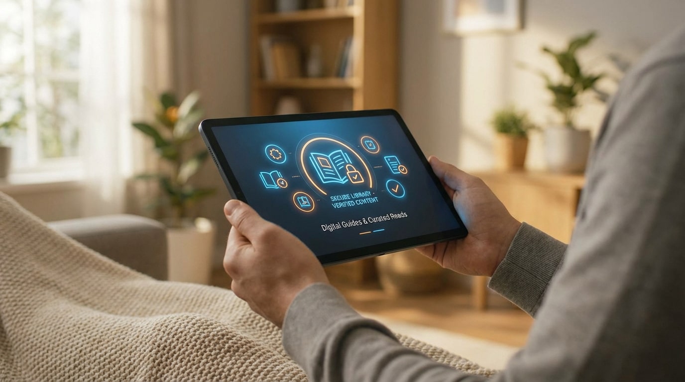 Personne tenant une tablette avec interface "Bibliothèque sécurisée" et "Contenu vérifié", icônes de livres numériques.