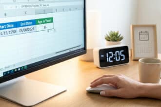 Main manipulant une souris devant un écran affichant Excel avec la formule DATEDIF pour calculer l'âge entre deux dates.