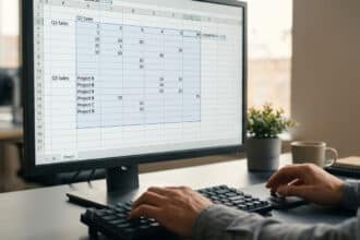 Une personne utilise un clavier devant un écran d'ordinateur affichant Excel. La feuille de calcul montre des données et la formule COUNTA pour compter les cellules non vides.