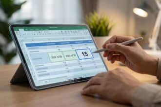 Personne utilisant une tablette avec Excel pour calculer l'écart entre deux dates (2023.10.05 et 2023.10.20), affichant '15'.