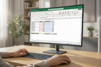 Personne utilisant Excel pour calculer une moyenne pondérée. L'écran montre les notes, coefficients et la formule SOMMEPROD.