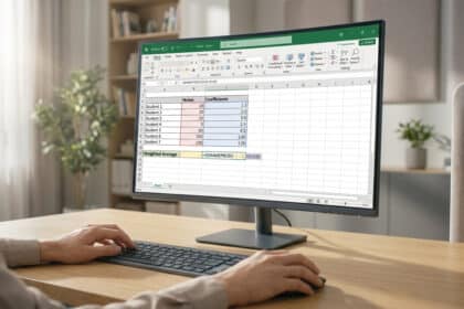 Personne utilisant Excel pour calculer une moyenne pondérée. L'écran montre les notes, coefficients et la formule SOMMEPROD.
