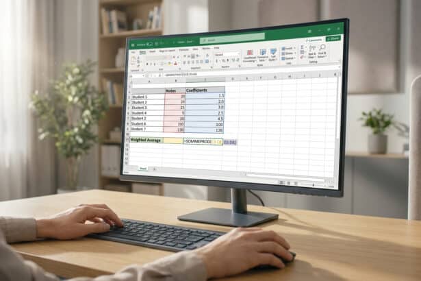Personne utilisant Excel pour calculer une moyenne pondérée. L'écran montre les notes, coefficients et la formule SOMMEPROD.