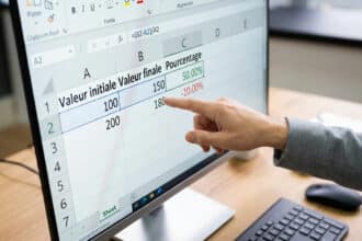 Main pointant une feuille de calcul Excel sur un écran d'ordinateur, montrant des calculs de pourcentage.
