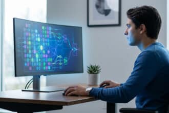 Jeune homme concentré, travaillant devant un moniteur affichant des diagrammes logiques lumineux et des modules de données colorés. Il utilise une souris.