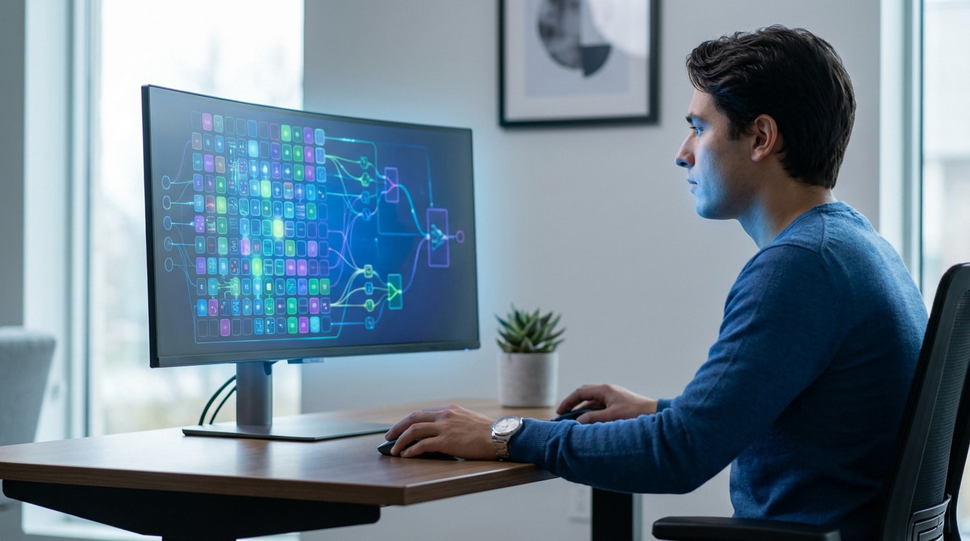 Jeune homme concentré, travaillant devant un moniteur affichant des diagrammes logiques lumineux et des modules de données colorés. Il utilise une souris.