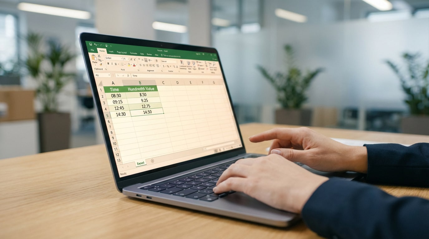 Un ordinateur portable sur une table en bois montre Excel convertissant des heures (ex: 08:30) en valeurs centièmes (ex: 8.50). Mains tapent sur le clavier.